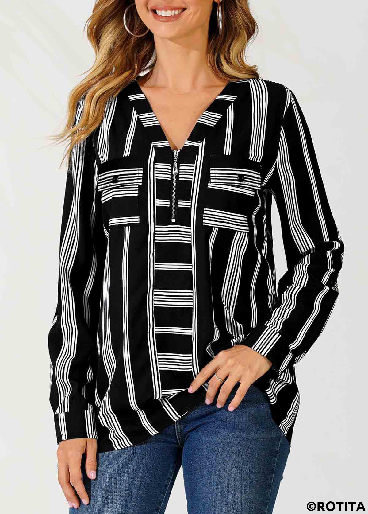Gestreifte Rotita-Bluse mit V-Ausschnitt Farbblock und Reißverschlussdetail
