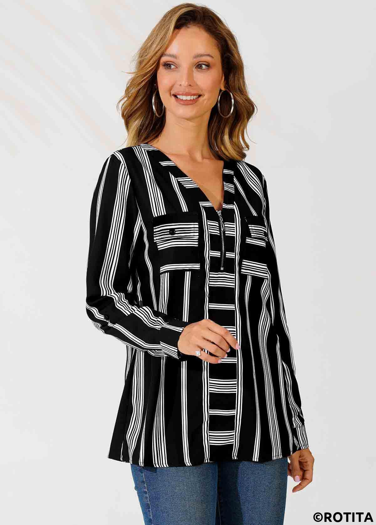 Gestreifte Rotita-Bluse mit V-Ausschnitt Farbblock und Reißverschlussdetail