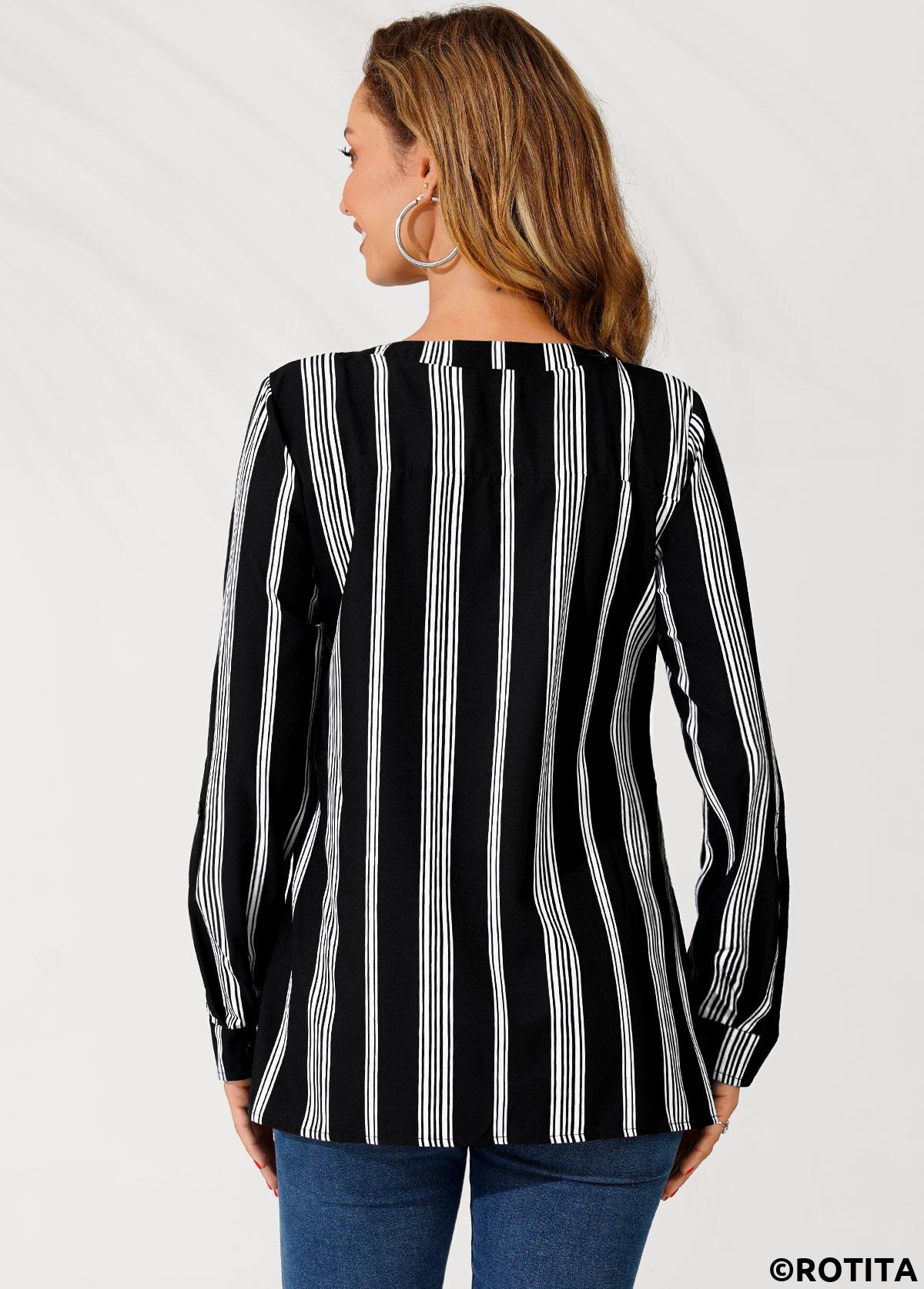 Gestreifte Rotita-Bluse mit V-Ausschnitt Farbblock und Reißverschlussdetail