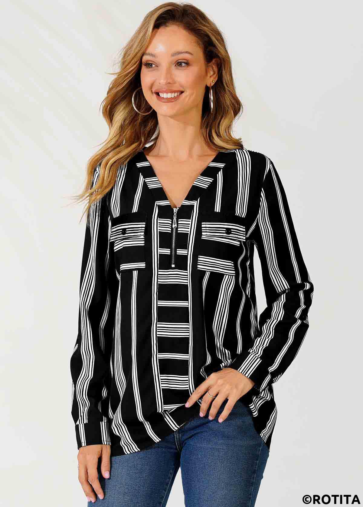 Gestreifte Rotita-Bluse mit V-Ausschnitt Farbblock und Reißverschlussdetail