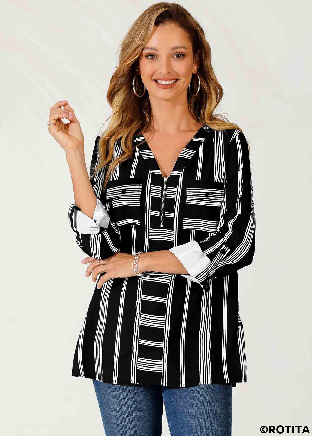 Gestreifte Rotita-Bluse mit V-Ausschnitt Farbblock und Reißverschlussdetail