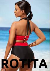 Contrast Color swimwear,ROTITA High Waisted Color Block Bowknot Bikini Set