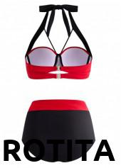 Contrast Color swimwear,ROTITA High Waisted Color Block Bowknot Bikini Set