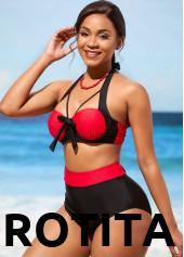 Contrast Color swimwear,ROTITA High Waisted Color Block Bowknot Bikini Set