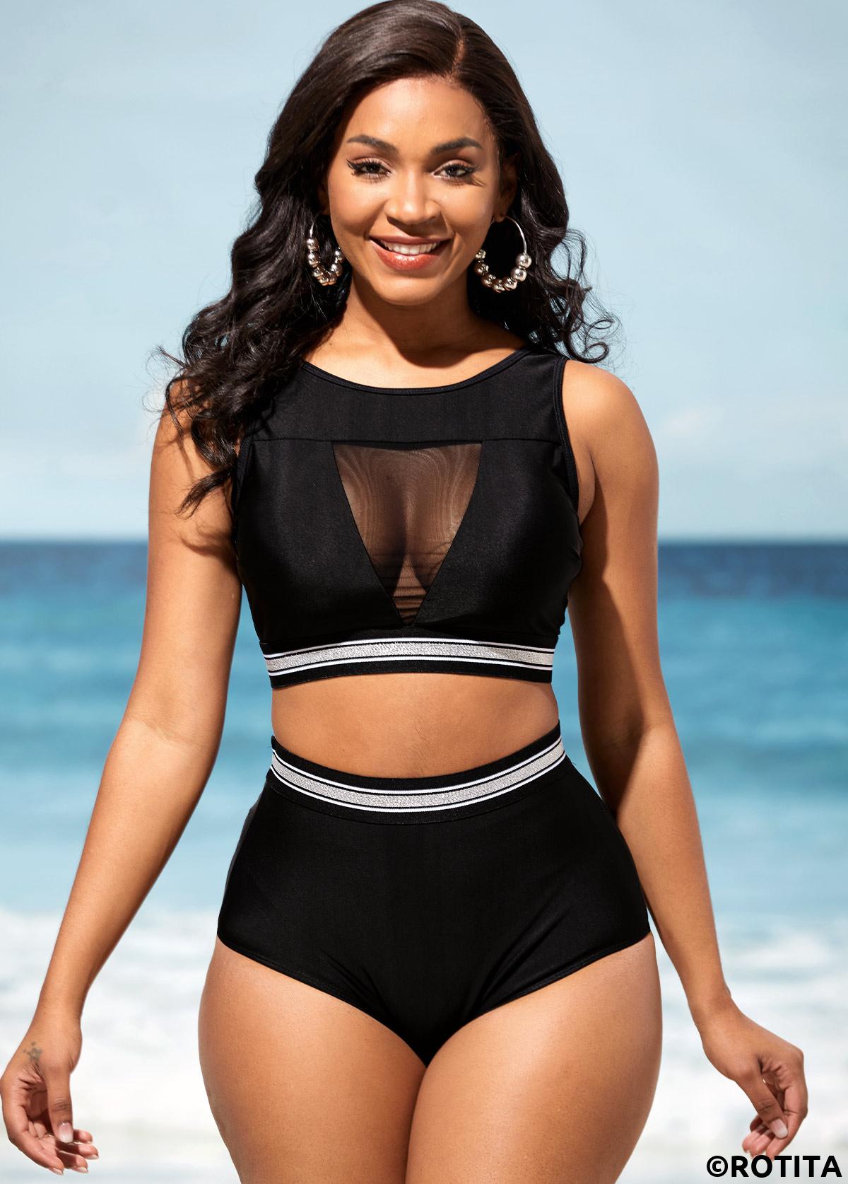 Black swimwear,Contrast Color swimwear,ROTITA High Waisted Mesh Stitching Black Bikini Set
