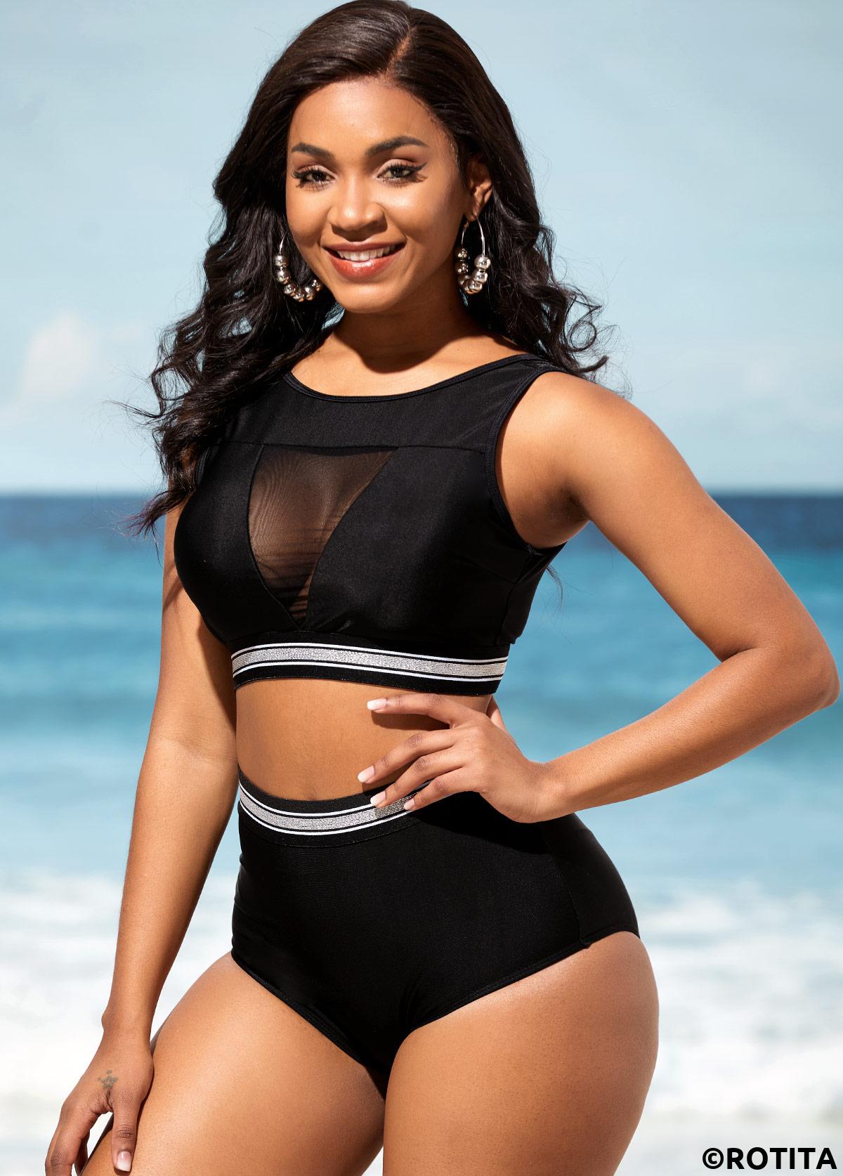 Black swimwear,Contrast Color swimwear,ROTITA High Waisted Mesh Stitching Black Bikini Set