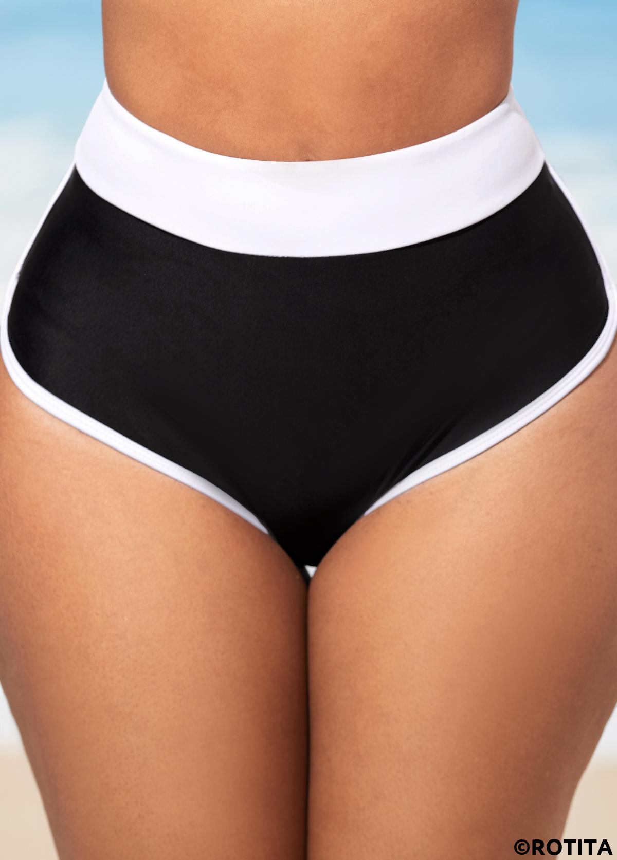 Black swimwear,Contrast Color swimwear,ROTITA High Waisted Contrast Black Bikini Set