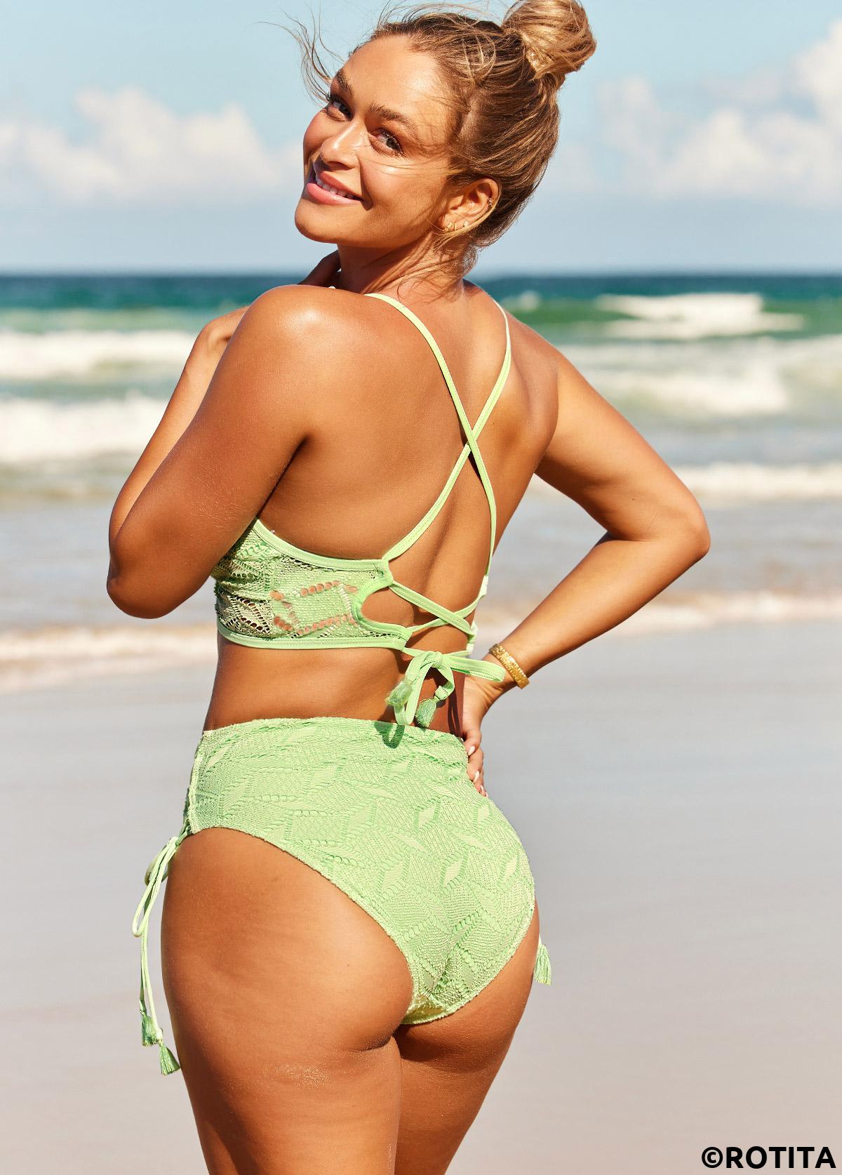 Mint Green swimwear,Plain Color swimwear,ROTITA Mint Green Lace Panel Cross Strap Bikini Set