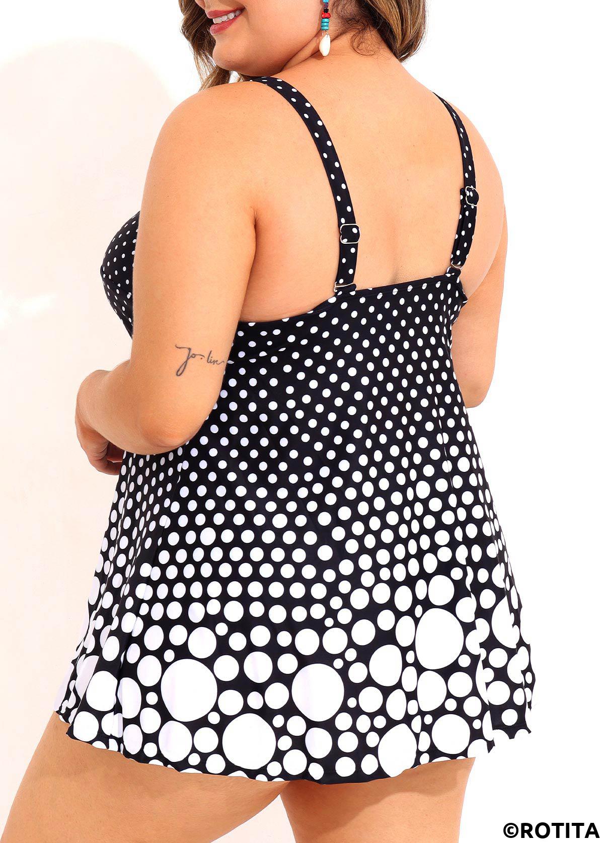 Black plus size,Dot plus size,ROTITA Cross Front Black Polka Dot Plus Size Swimdress Top