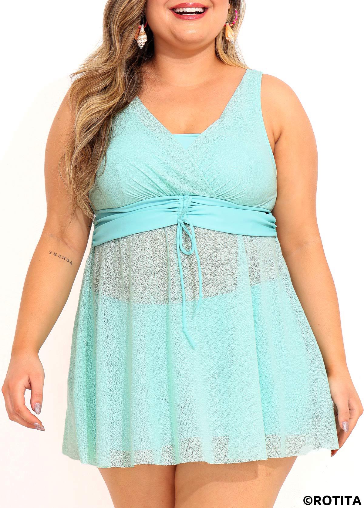Blue plus size,Plain Color plus size,ROTITA Plus Size High Waisted Drawstring Blue Tankini Set