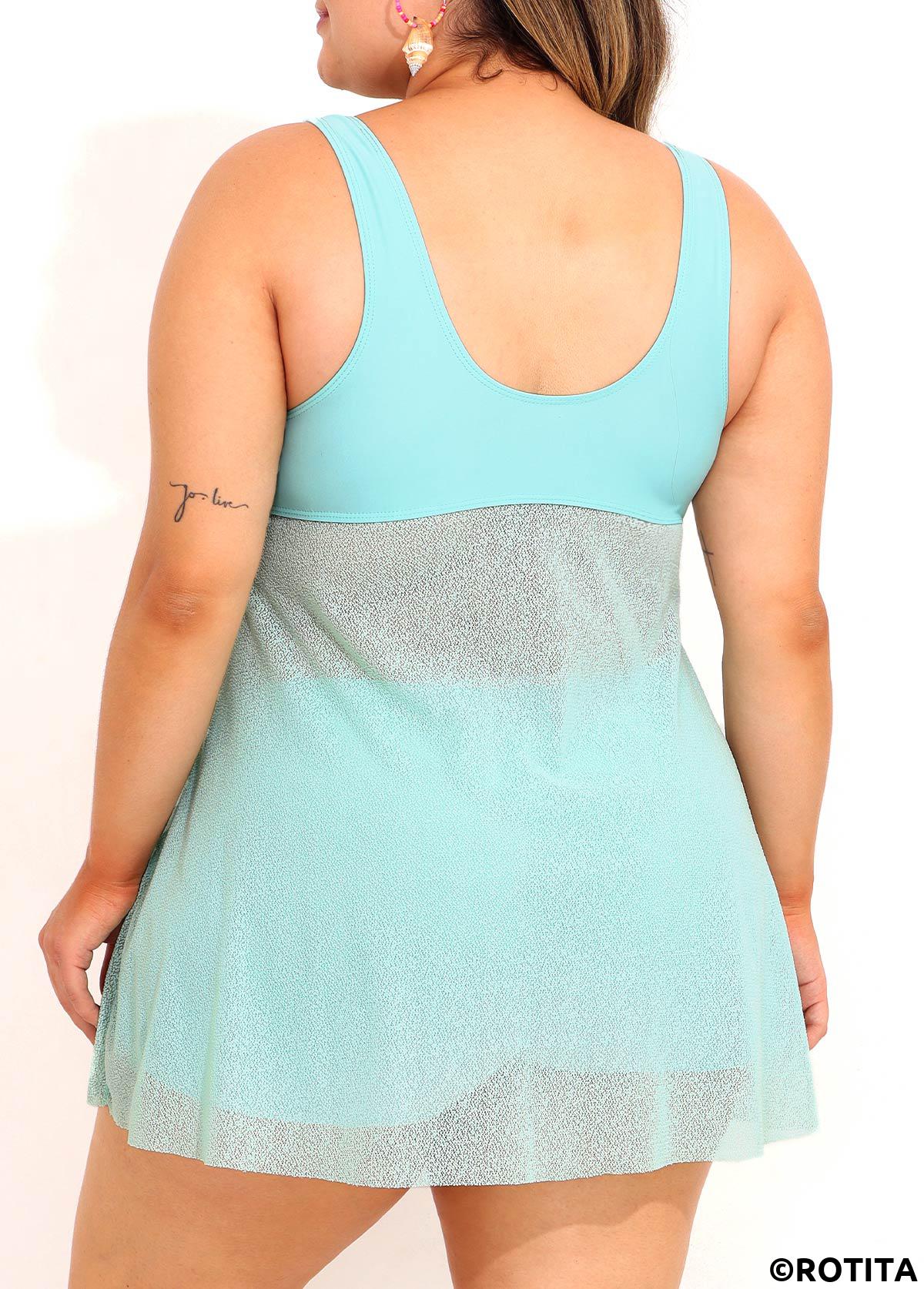 Blue plus size,Plain Color plus size,ROTITA Plus Size High Waisted Drawstring Blue Tankini Set