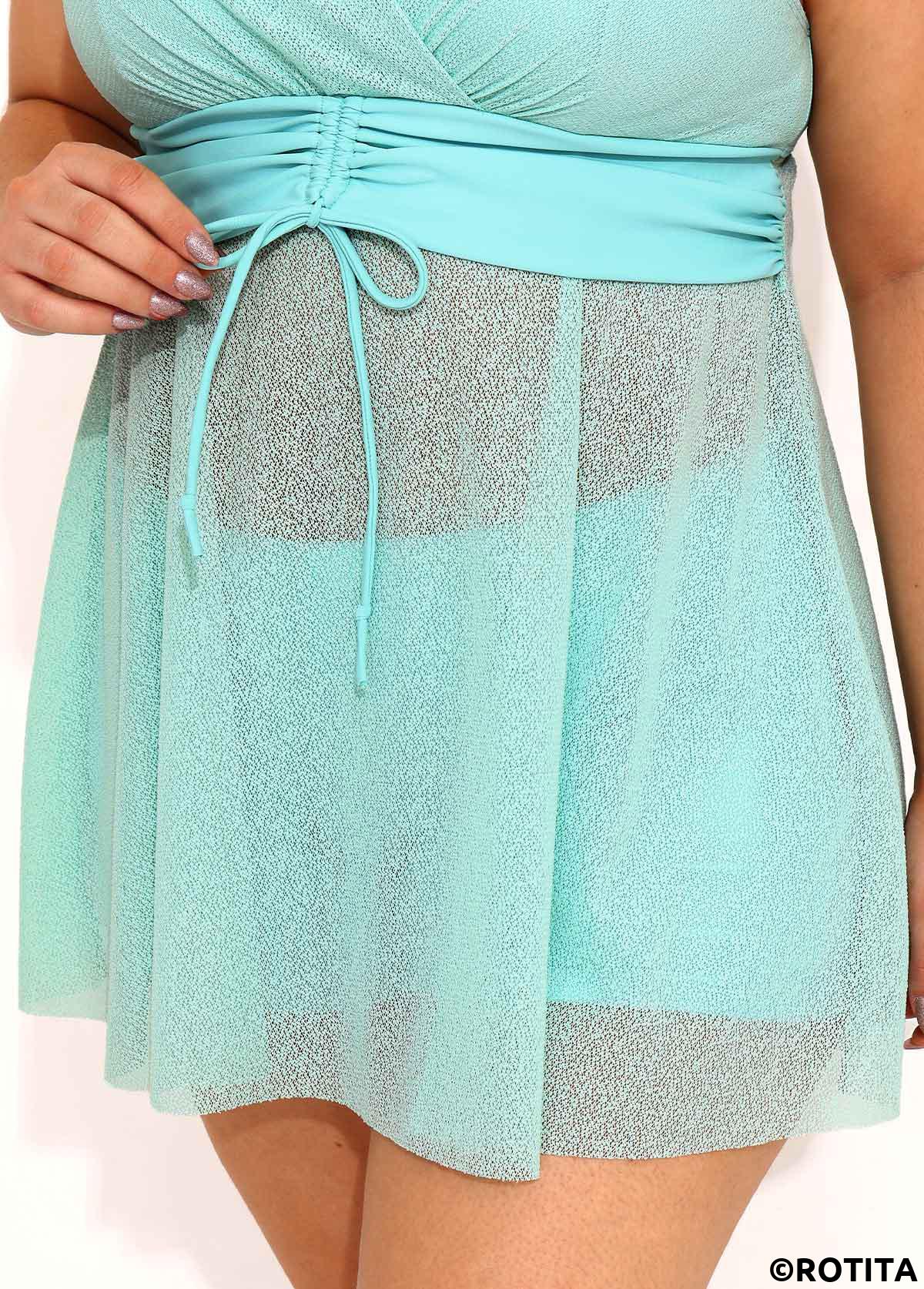 Blue plus size,Plain Color plus size,ROTITA Plus Size High Waisted Drawstring Blue Tankini Set