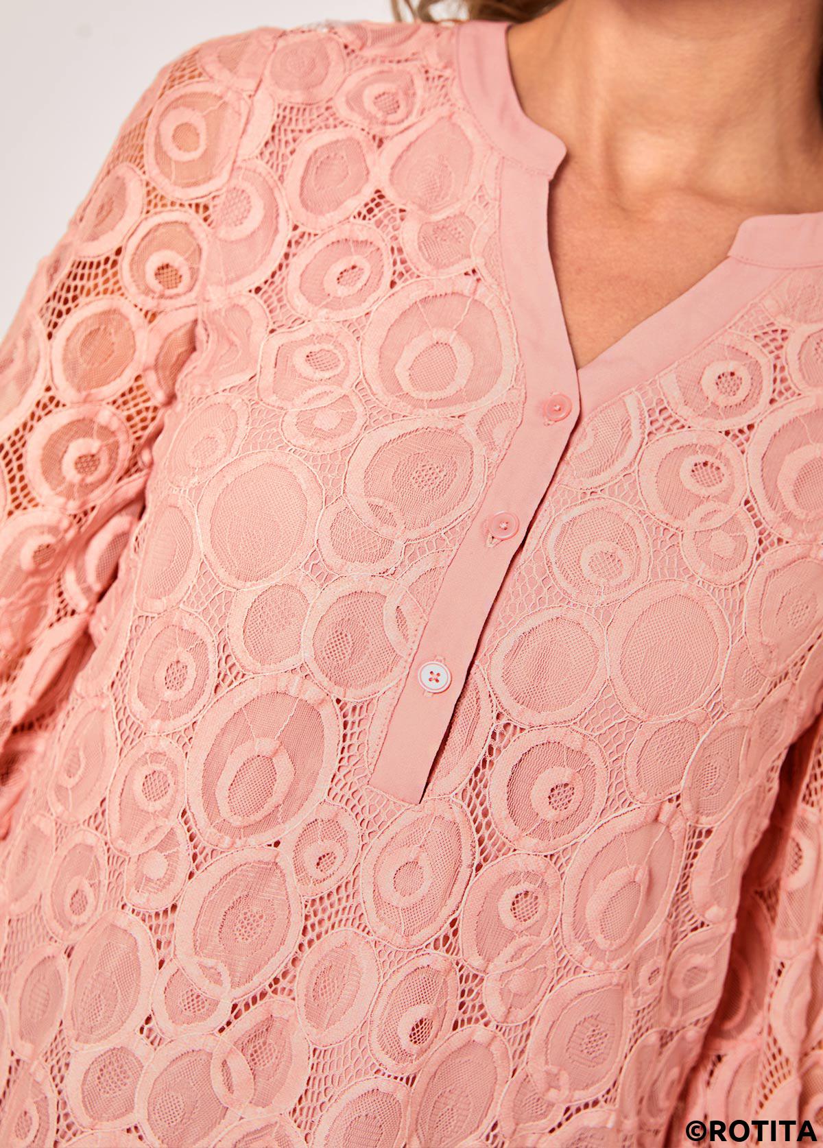 Pink tops,Plain Color tops,ROTITA Lace Stitching Pink Split Neck Blouse