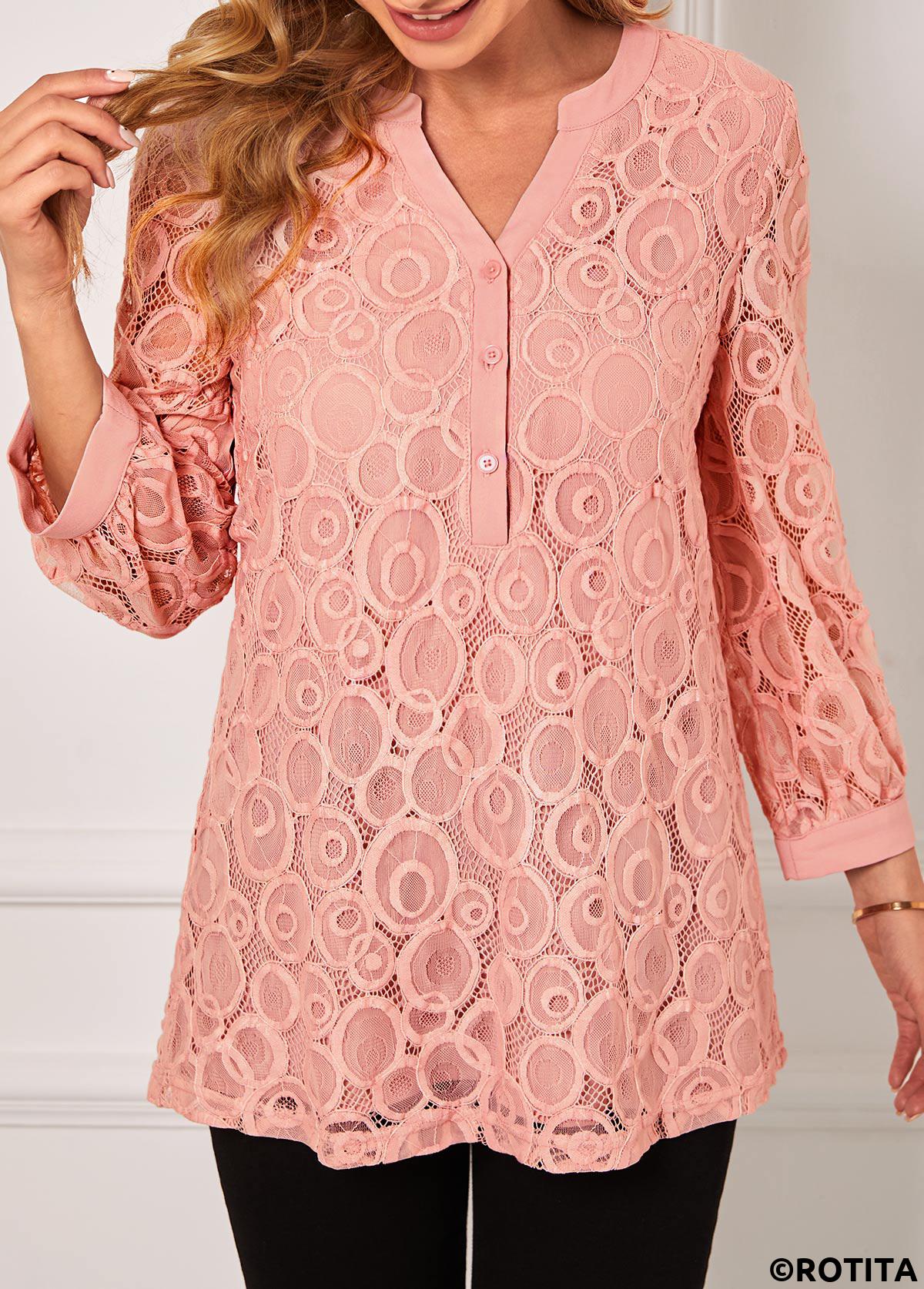 Pink tops,Plain Color tops,ROTITA Lace Stitching Pink Split Neck Blouse