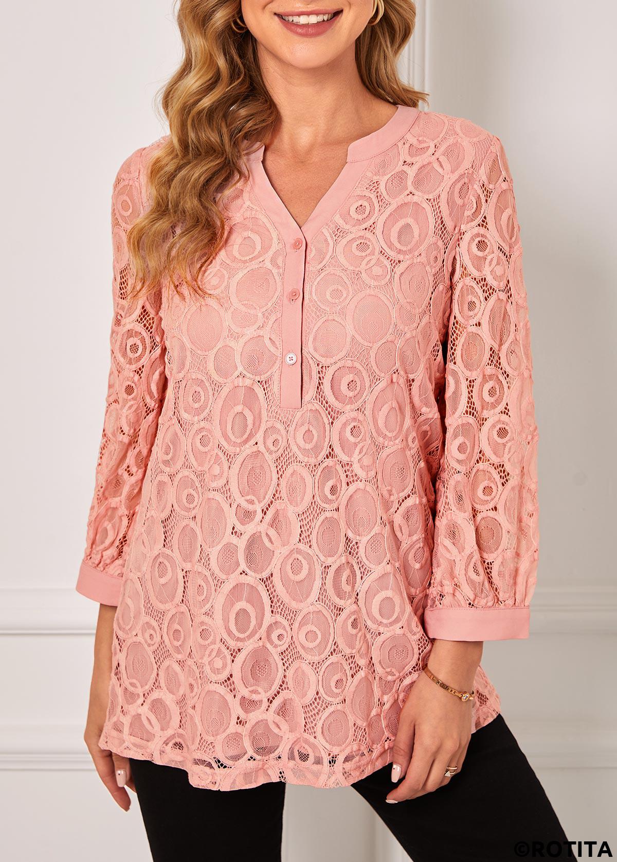 Pink tops,Plain Color tops,ROTITA Lace Stitching Pink Split Neck Blouse
