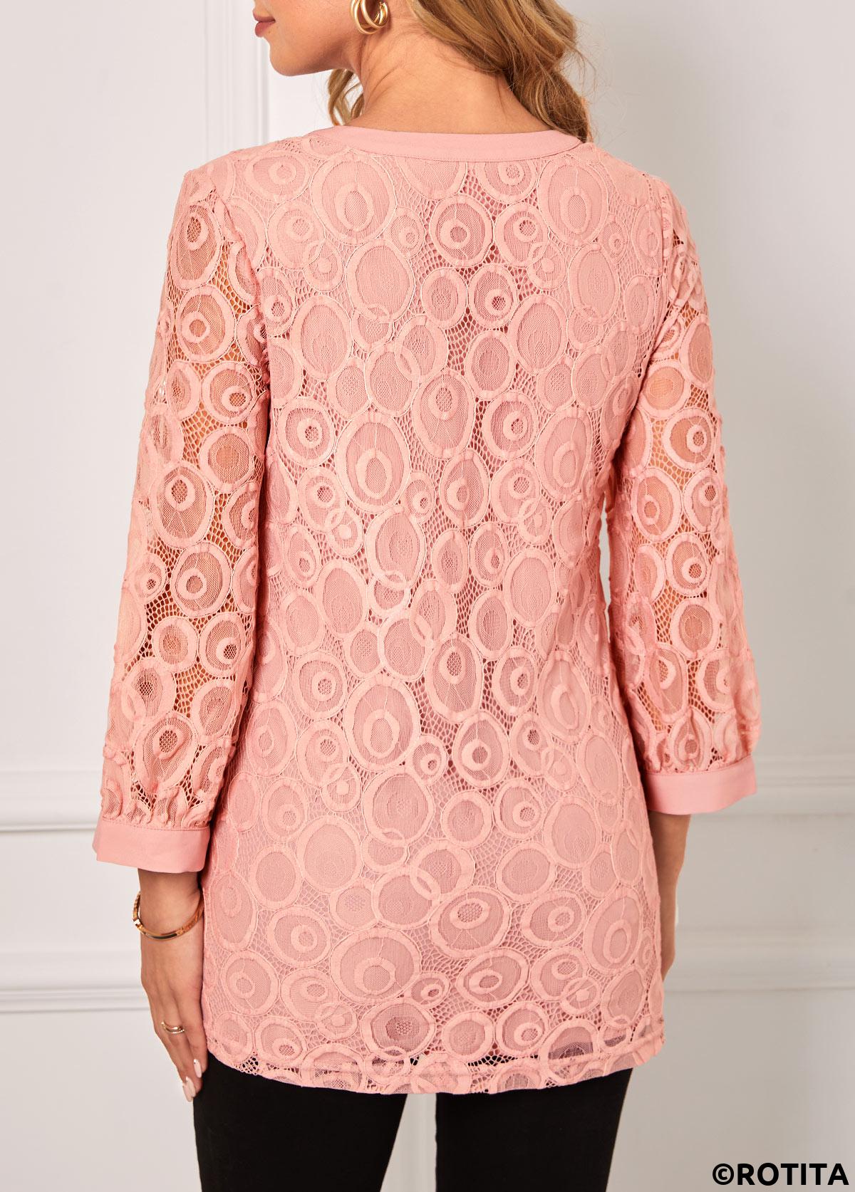 Pink tops,Plain Color tops,ROTITA Lace Stitching Pink Split Neck Blouse