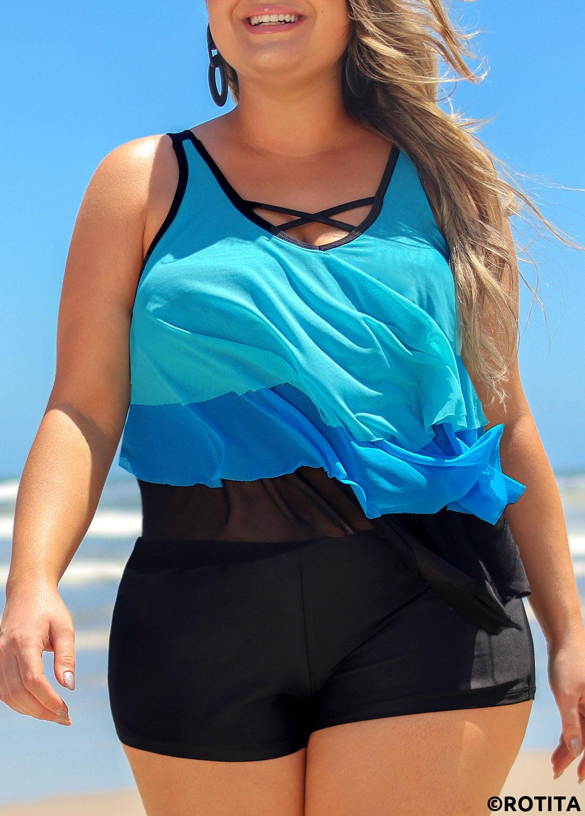 Blue plus size,Contrast Color plus size,ROTITA Plus Size Blue Layered Hem Cross Strap Tankini Top