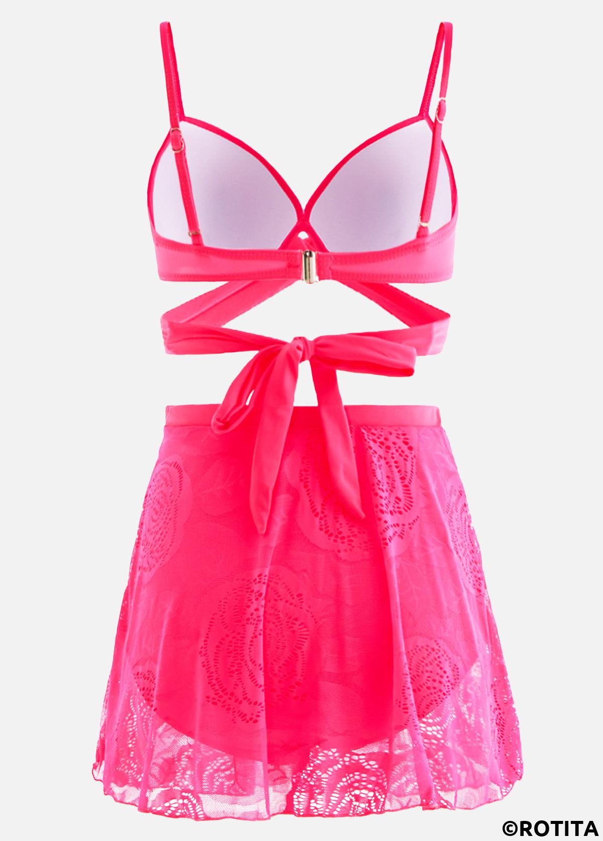 Plain Color swimwear,ROTITA Lace Stitching High Waist Hot Pink Bikini Set