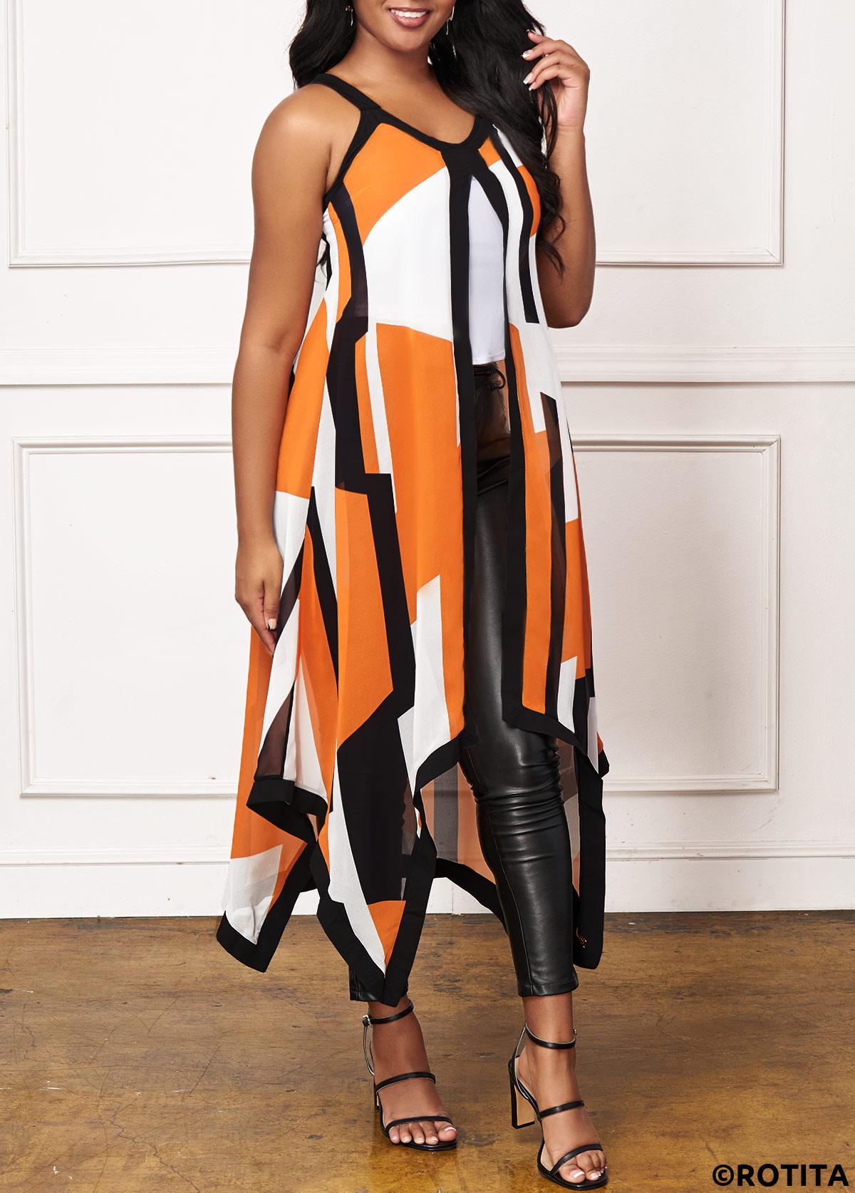 Geometric tops,ROTITA Asymmetric Hem Contrast Stitch Sleeveless T Shirt