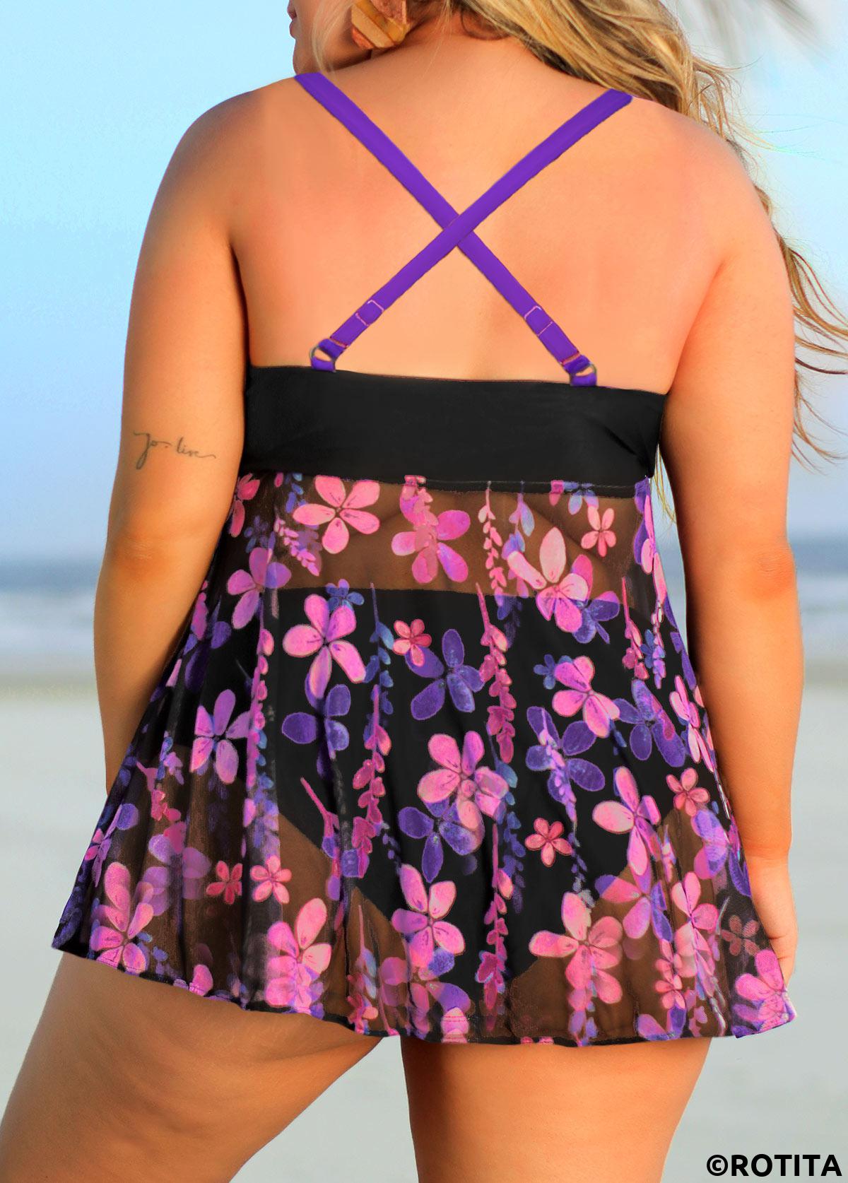 Purple plus size,Floral plus size,ROTITA Plus Size Criss Cross Floral Print Purple Tankini Top