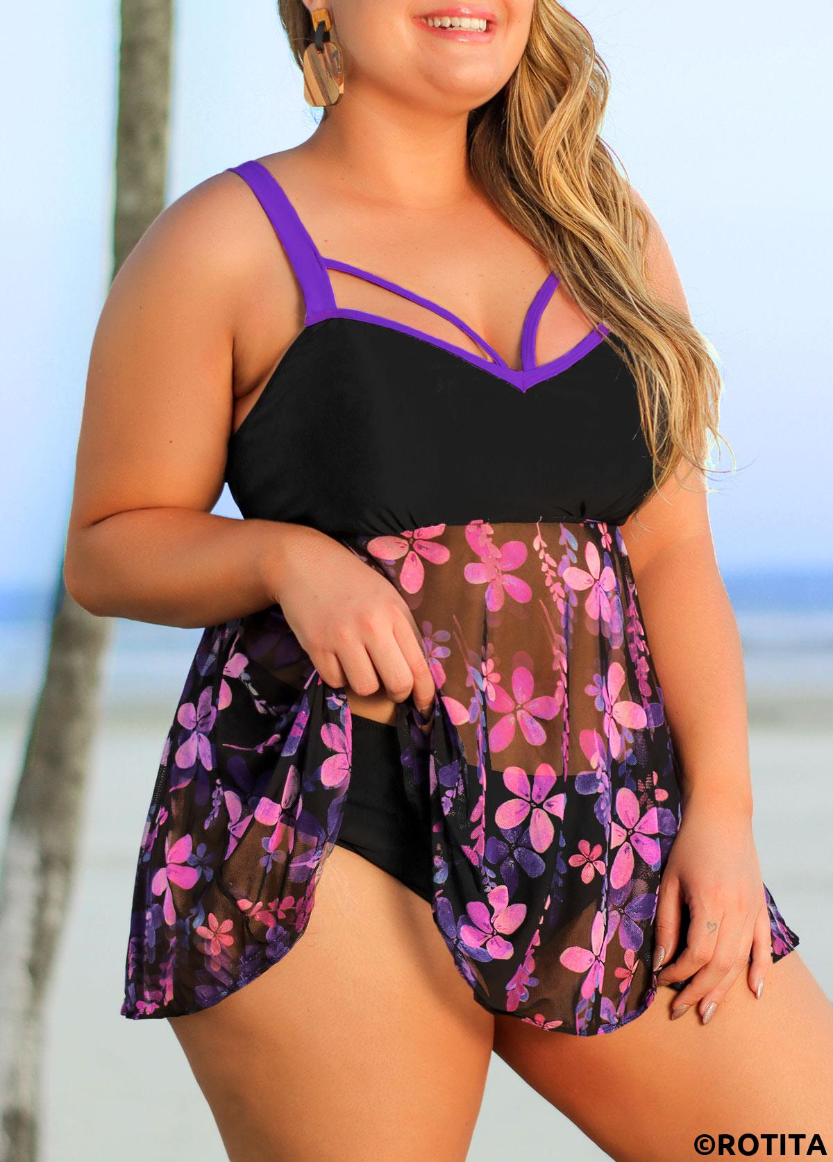 Purple plus size,Floral plus size,ROTITA Plus Size Criss Cross Floral Print Purple Tankini Top