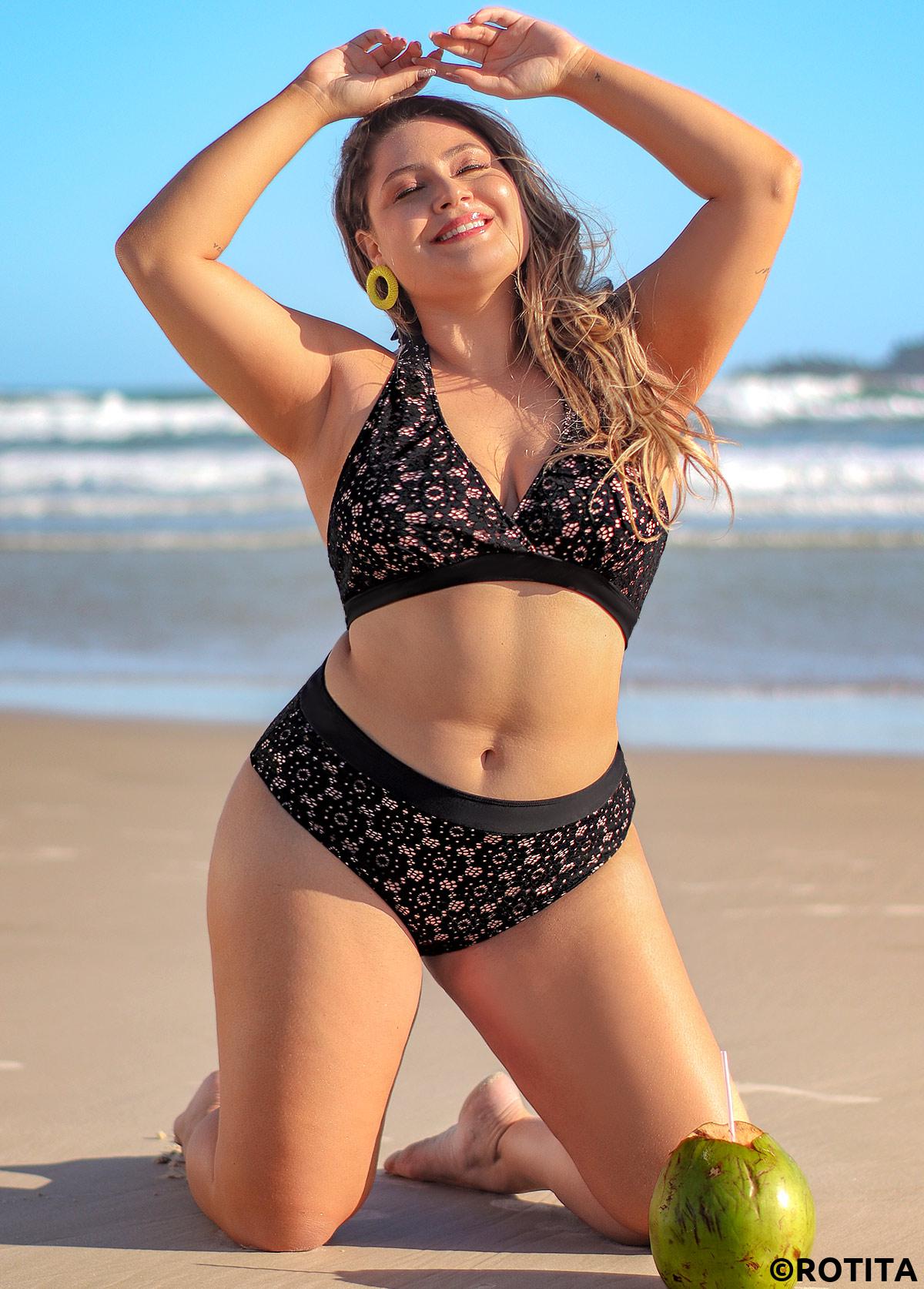 Black plus size,Plain Color plus size,ROTITA Plus Size Lace Black Mid Waist Bikini Set