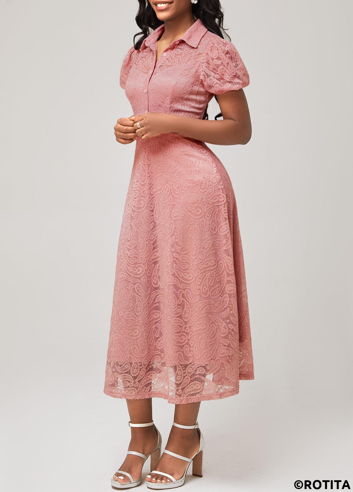 Plain Color dresses,Party dresses,Elegant dresses,ROTITA Turndown Collar Dusty Pink Lace Short Sleeve Dress