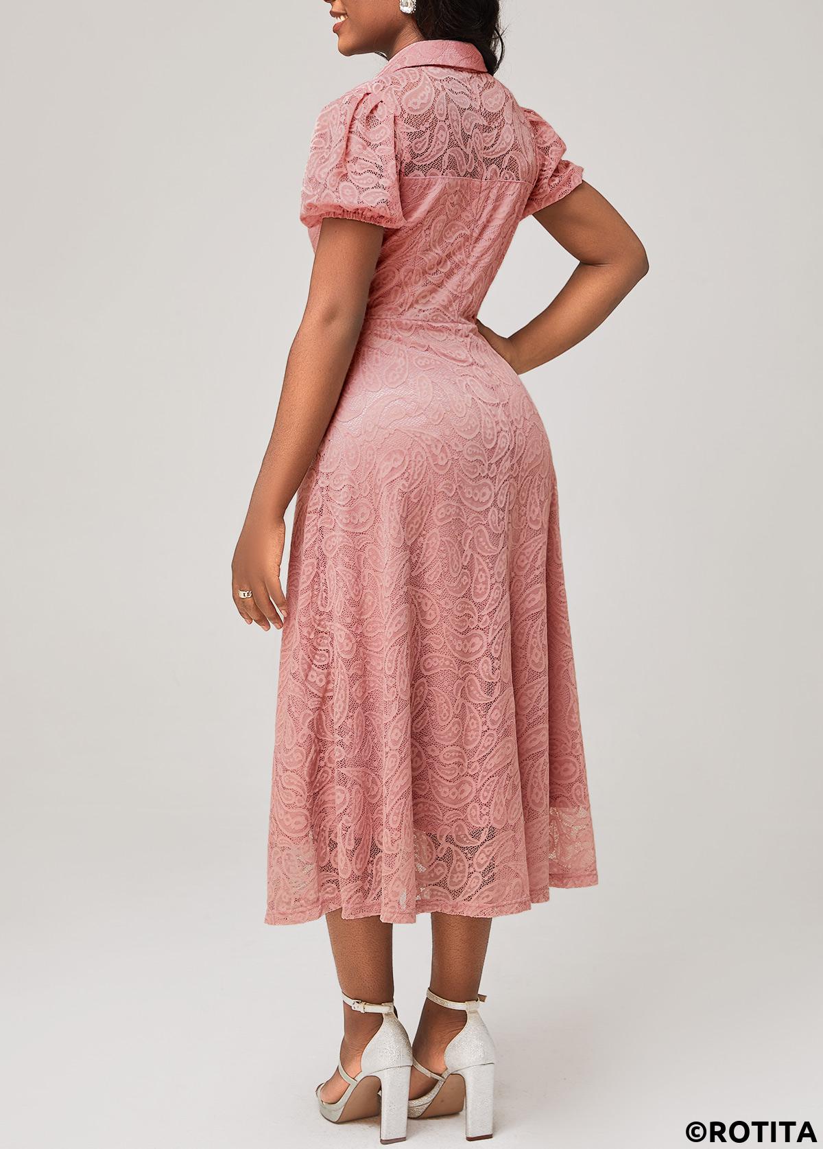 Plain Color dresses,Party dresses,Elegant dresses,ROTITA Turndown Collar Dusty Pink Lace Short Sleeve Dress