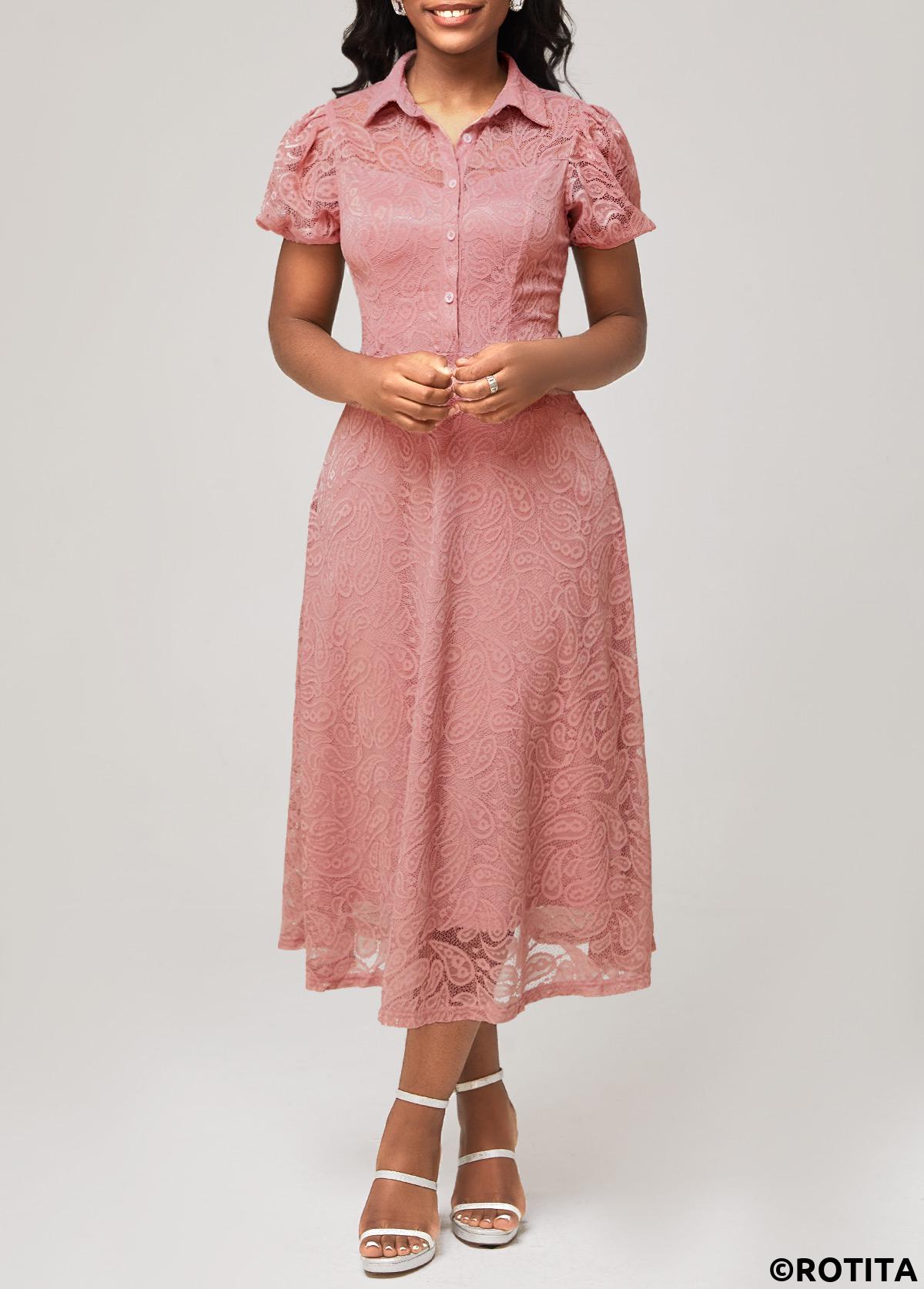 Plain Color dresses,Party dresses,Elegant dresses,ROTITA Turndown Collar Dusty Pink Lace Short Sleeve Dress