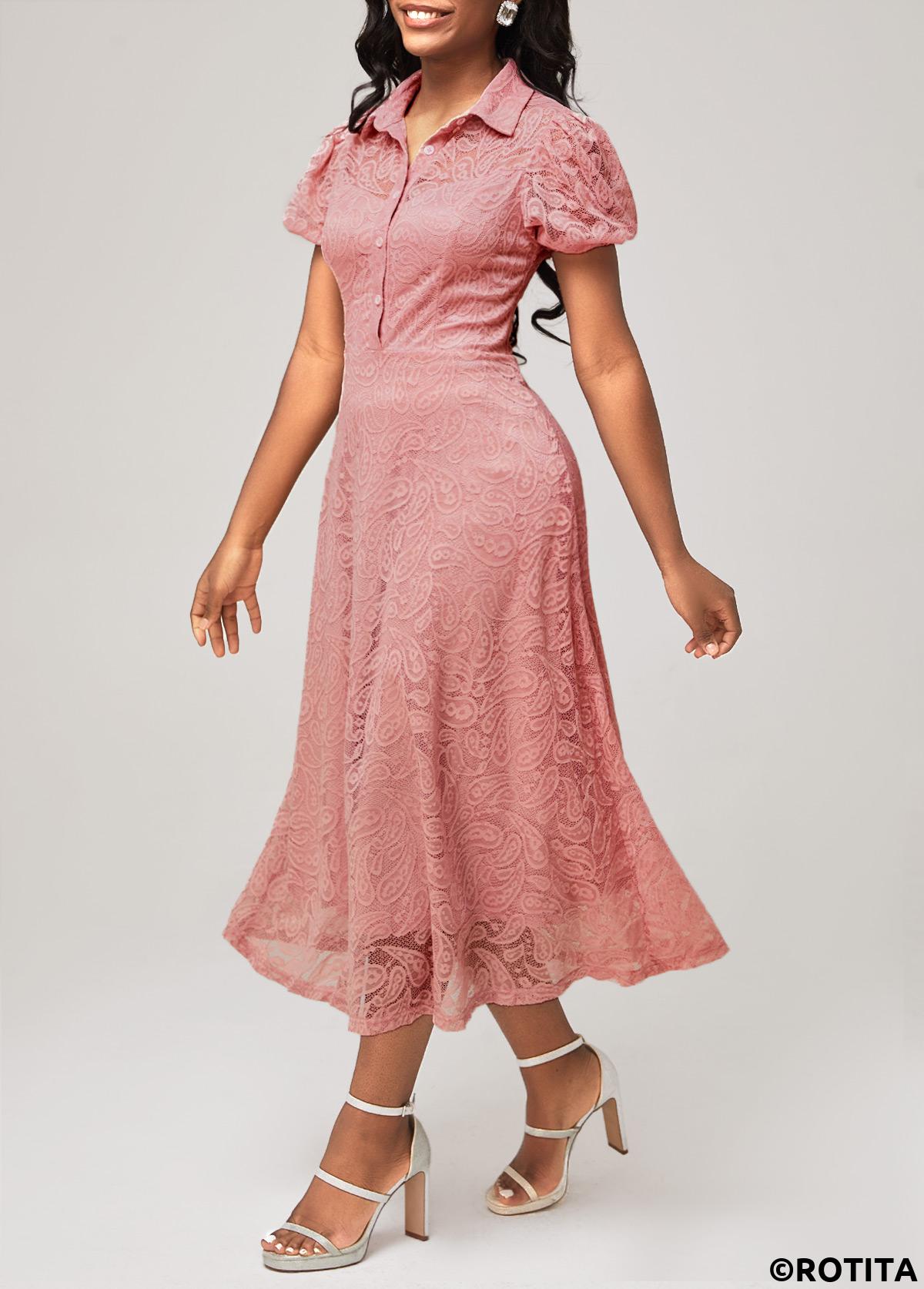 Plain Color dresses,Party dresses,Elegant dresses,ROTITA Turndown Collar Dusty Pink Lace Short Sleeve Dress