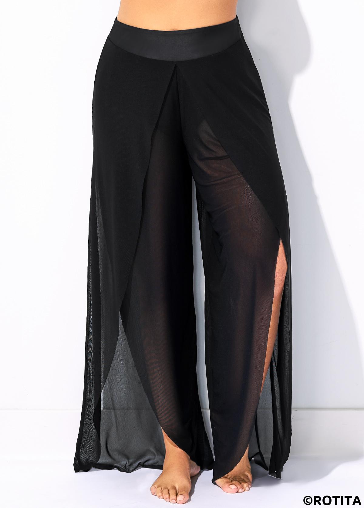 Schwarze Strandhose mit mittlerer Taille und seitlichem Schlitz von Rotita