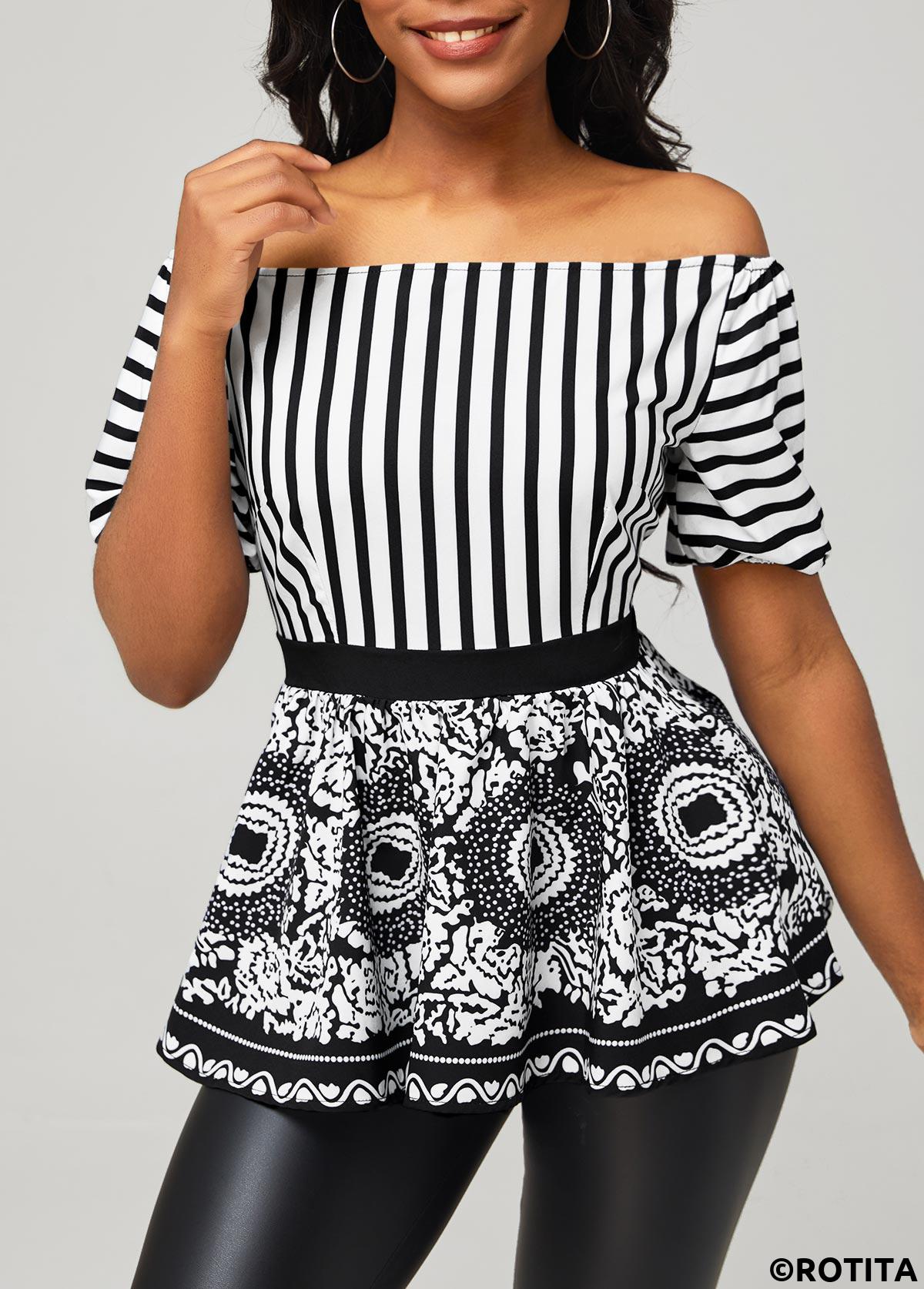 Black tops,Tribal tops,ROTITA Tribal Print Black Striped Off Shoulder Blouse