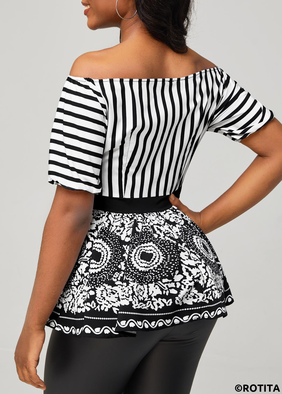 Black tops,Tribal tops,ROTITA Tribal Print Black Striped Off Shoulder Blouse