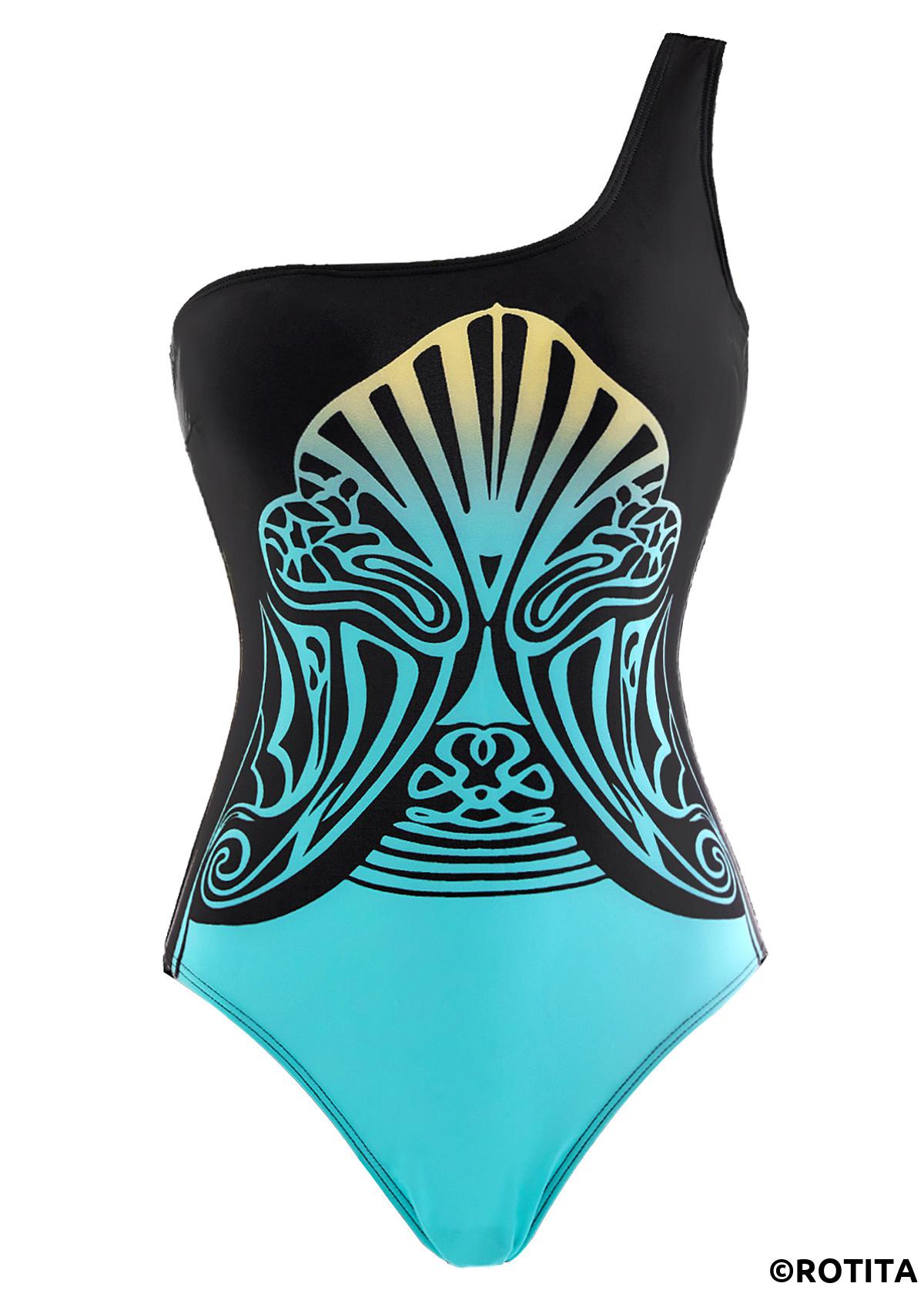 ROTITA Tribal Print Wide Strap Black One Piece Swimwear