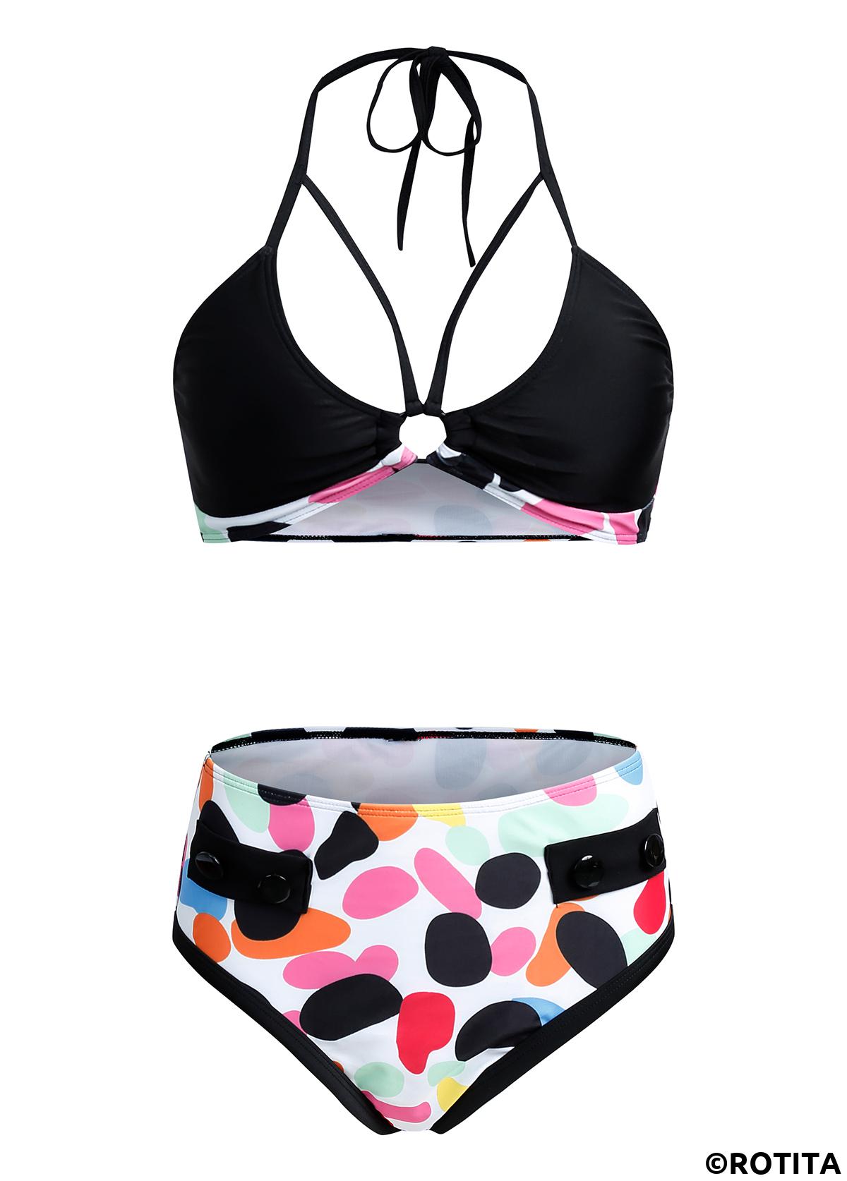 Multi Color swimwear,Rainbow Color swimwear,Dot swimwear,ROTITA Polka Dot Rainbow Color High Waist Bikini Set