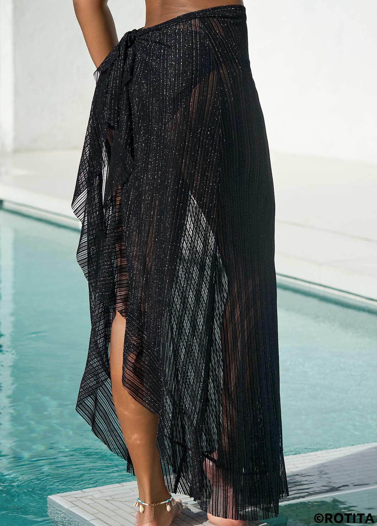 Black swimwear,Plain Color swimwear,ROTITA Glitter Fabric Stitching Black Flounce Beach Skirt