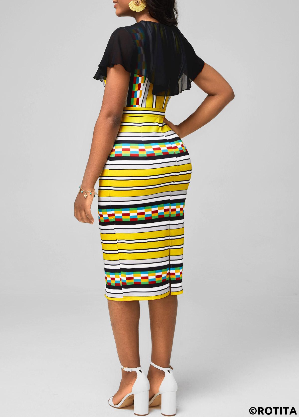 Multi Color dresses,Striped dresses,Party dresses,Elegant dresses,ROTITA Chiffon Panel Striped Multi Color Bodycon Dress