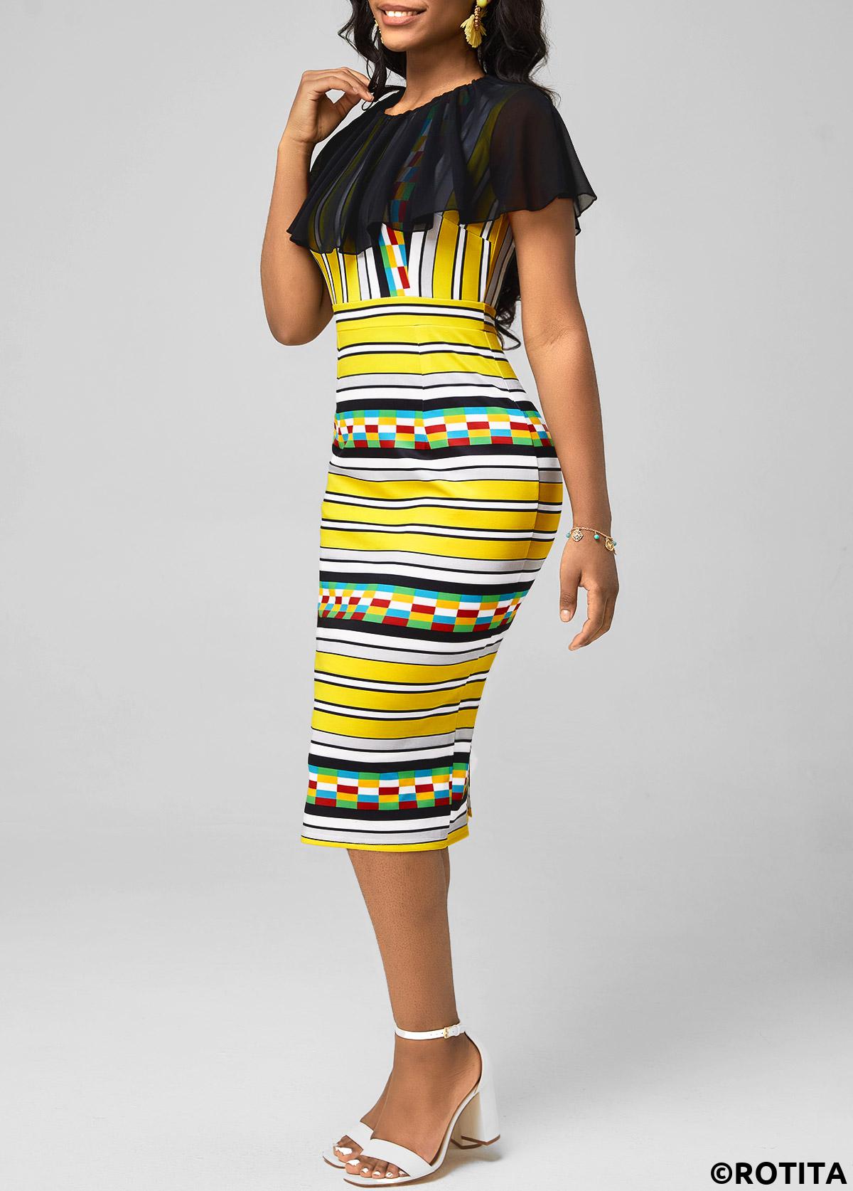 Multi Color dresses,Striped dresses,Party dresses,Elegant dresses,ROTITA Chiffon Panel Striped Multi Color Bodycon Dress