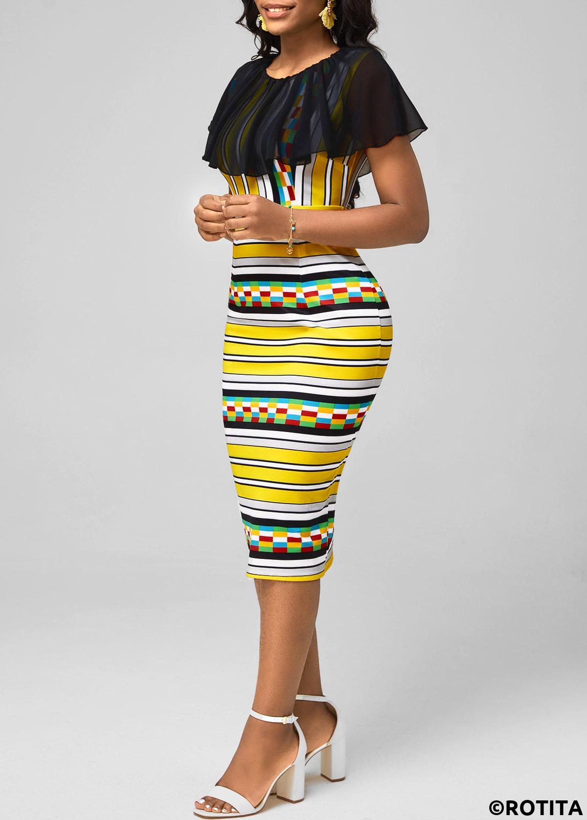 Multi Color dresses,Striped dresses,Party dresses,Elegant dresses,ROTITA Chiffon Panel Striped Multi Color Bodycon Dress