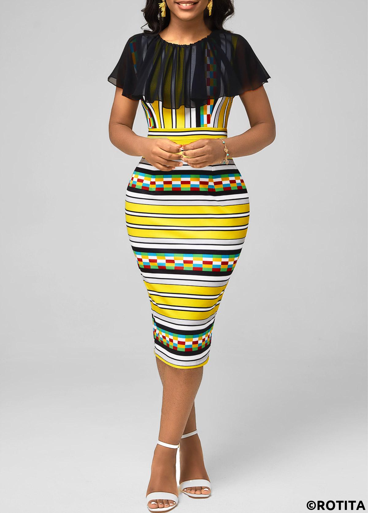 Multi Color dresses,Striped dresses,Party dresses,Elegant dresses,ROTITA Chiffon Panel Striped Multi Color Bodycon Dress