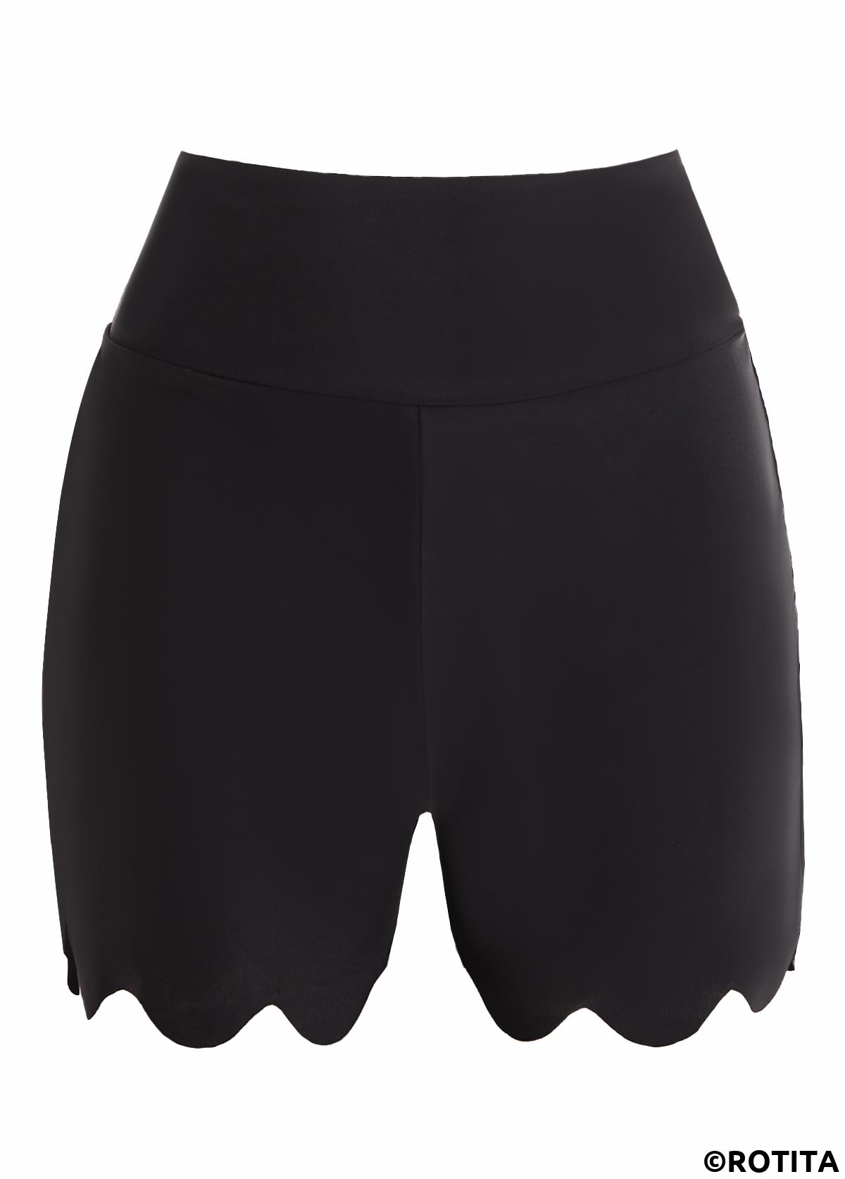 Black swimwear,Plain Color swimwear,ROTITA Black Wavy Hem High Waisted Swimwear Shorts