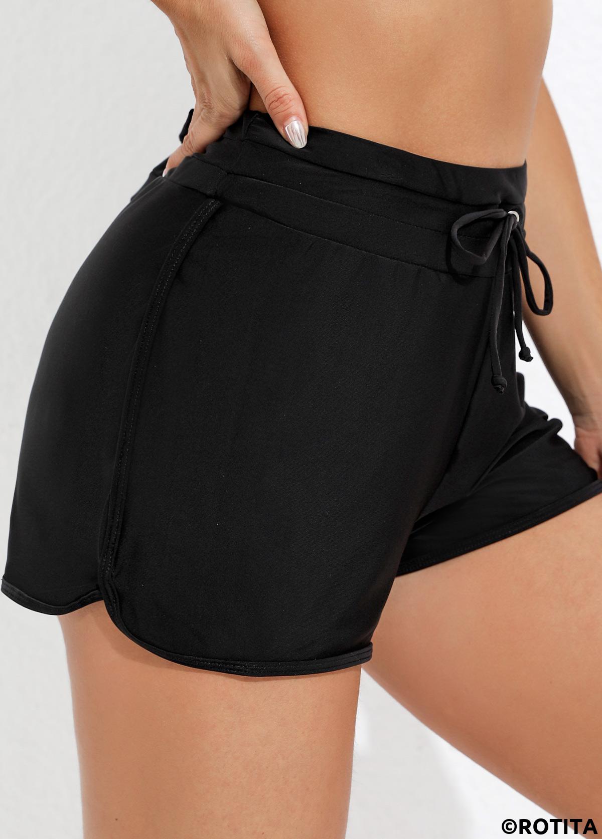 Black swimwear,Plain Color swimwear,ROTITA Mid Waist Black Drawstring Detail Swim Shorts