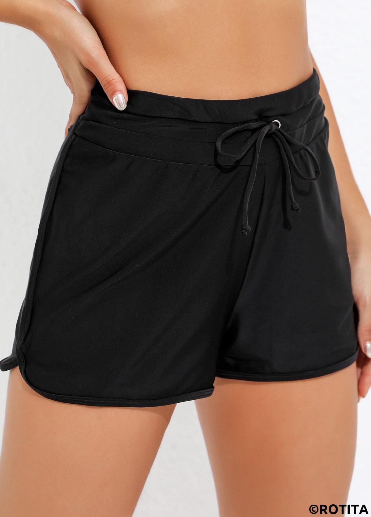 Black swimwear,Plain Color swimwear,ROTITA Mid Waist Black Drawstring Detail Swim Shorts