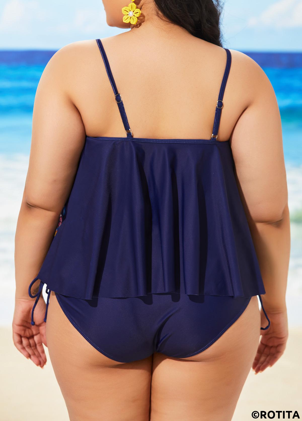 Animal Print plus size,ROTITA Plus Size Spaghetti Strap Navy Blue Tankini Set