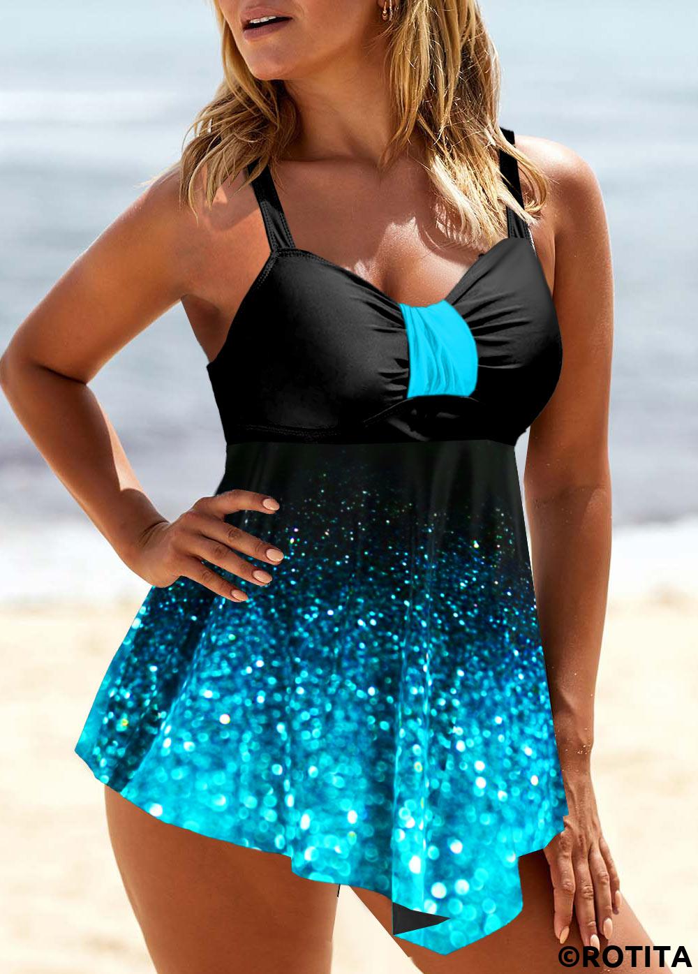 Blue swimwear,Ombre swimwear,ROTITA Starry Night Print Ombre Blue Swimdress Top