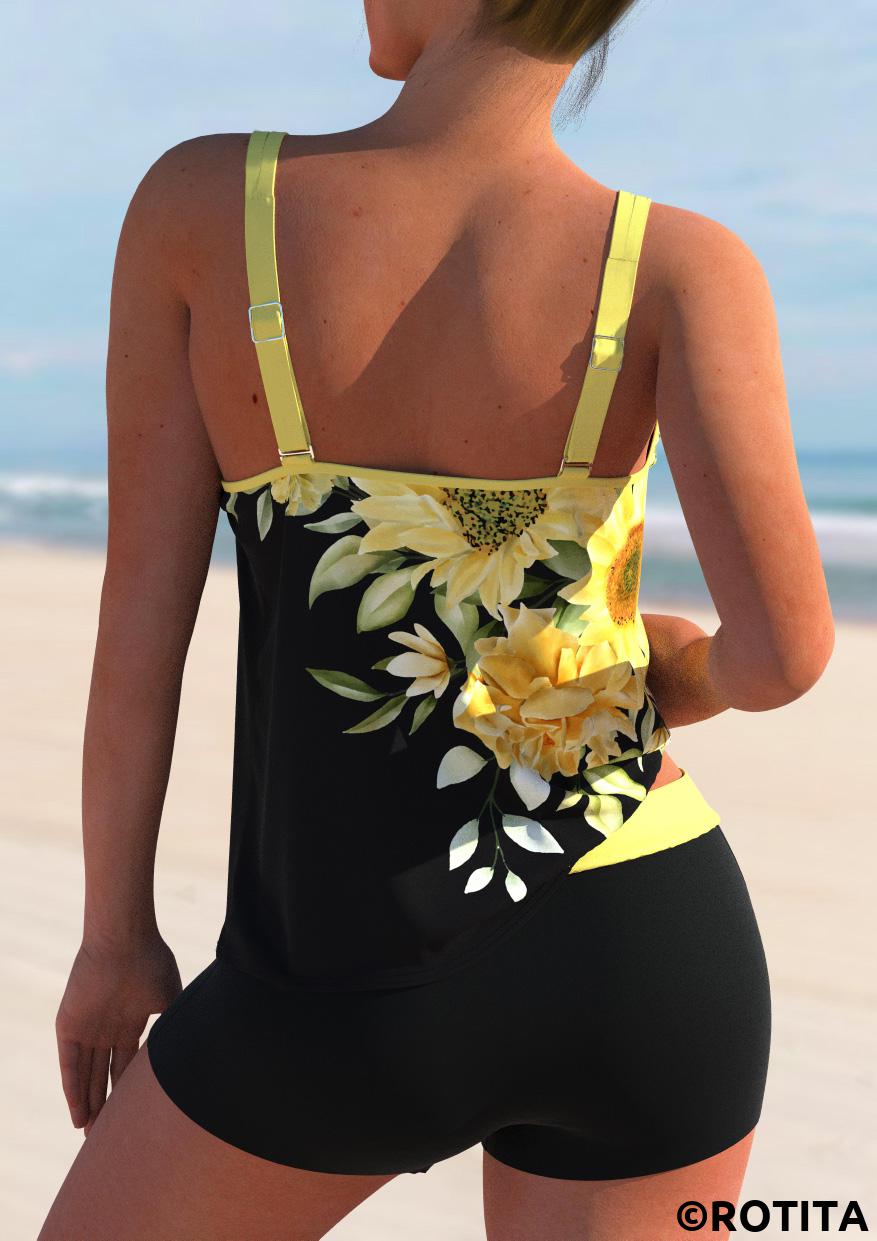 Yellow swimwear,Floral swimwear,ROTITA Sunflower Print Double Straps Yellow Tankini Set