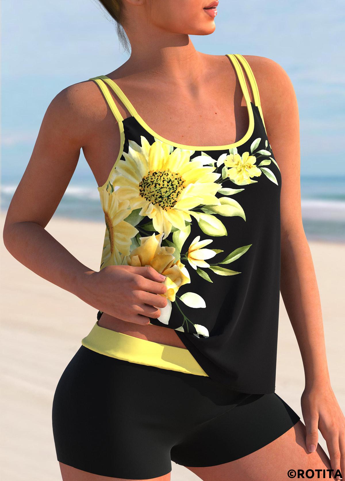 Yellow swimwear,Floral swimwear,ROTITA Sunflower Print Double Straps Yellow Tankini Set