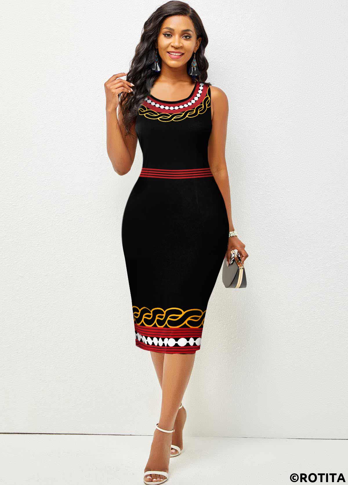 Multi Color dresses,Tribal dresses,Party dresses,Elegant dresses,ROTITA Round Neck Multi Color Tribal Print Sleeveless Dress