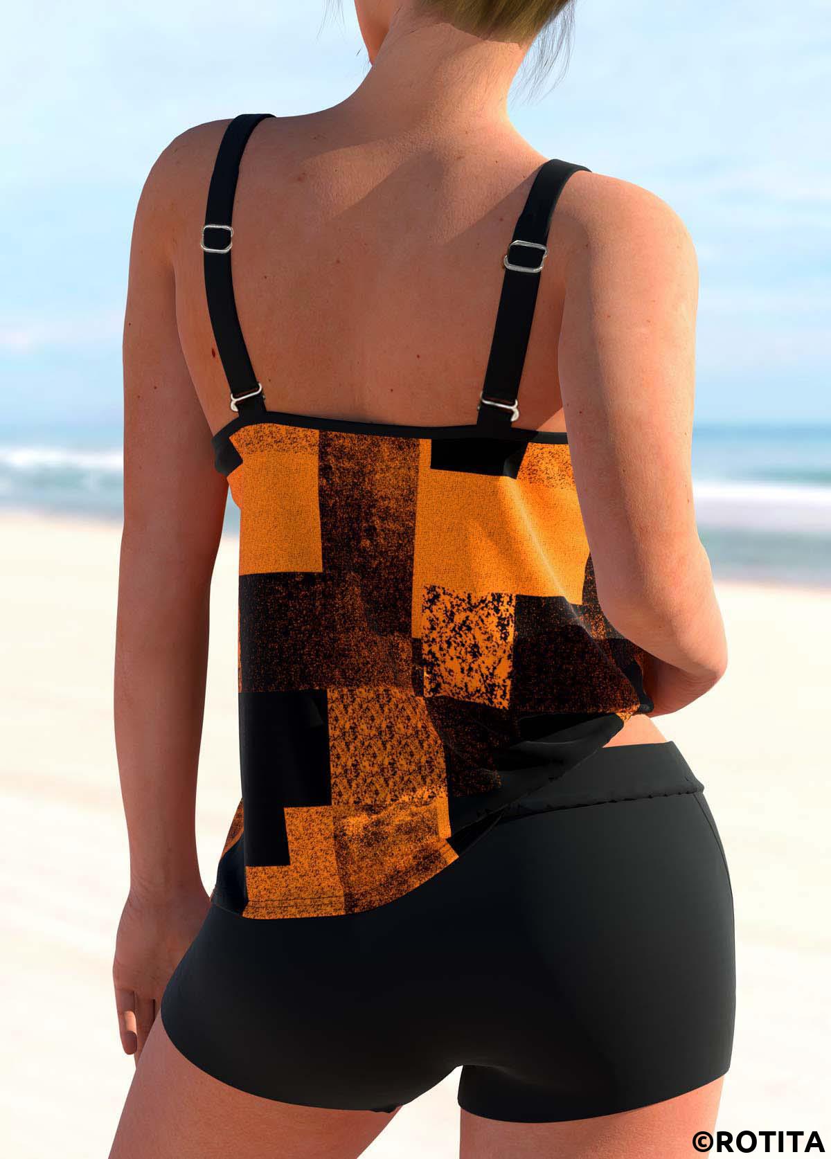 Orange swimwear,Geometric swimwear,ROTITA Double Straps Geometric Print Orange Tankini Top