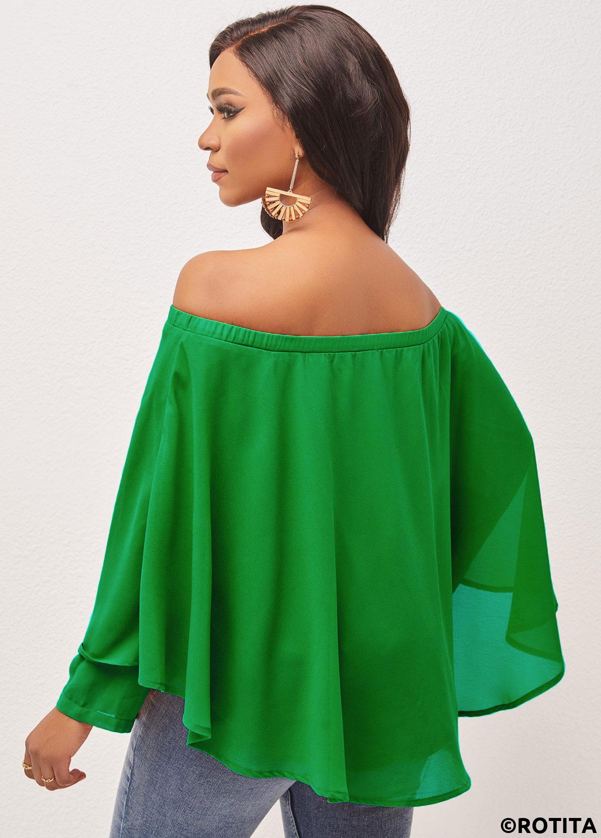 Green tops,Plain Color tops,ROTITA Off Shoulder Asymmetric Hem Layered Green Blouse